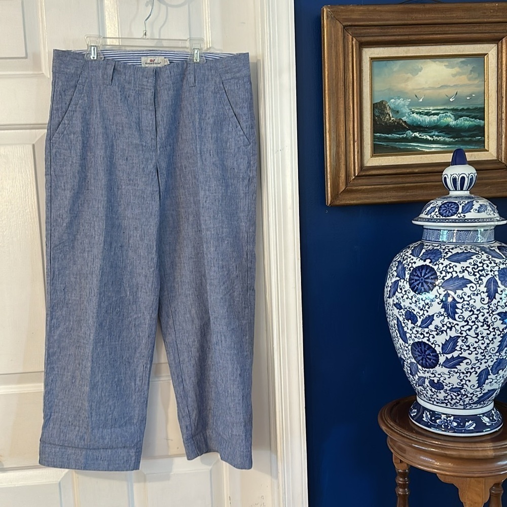 Women’s Vineyard Vines Royal Ocean Bow Front Linen Blend Cropped Pants Size 8